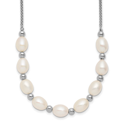 Sterling Silver Rhodium-plated Polished and Beaded 7-8mm Freshwater Cultured Rice Pearl 16 Inch with 2 Inch Extension Necklace