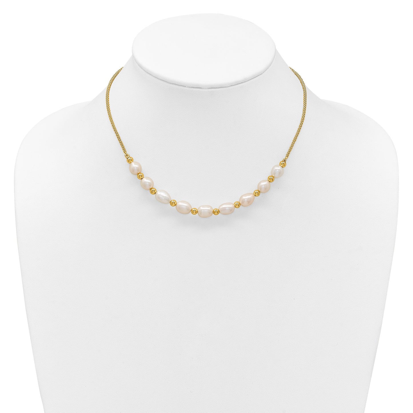 Sterling Silver Gold-tone Polished and Beaded 7-8mm Freshwater Cultured Rice Pearl 16 Inch with 2 Inch Extension Necklace