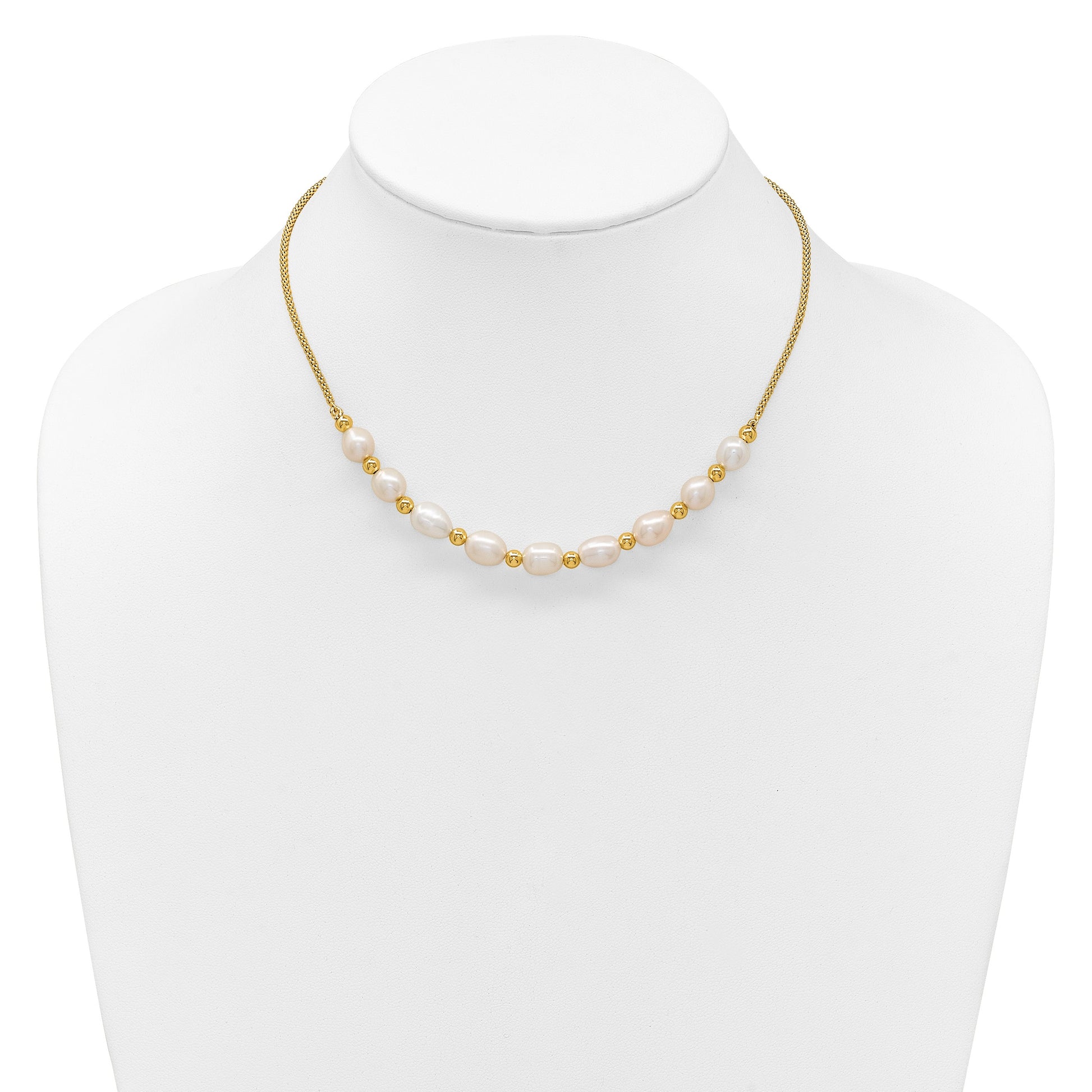 Sterling Silver Gold-tone Polished and Beaded 7-8mm Freshwater Cultured Rice Pearl 16 Inch with 2 Inch Extension Necklace