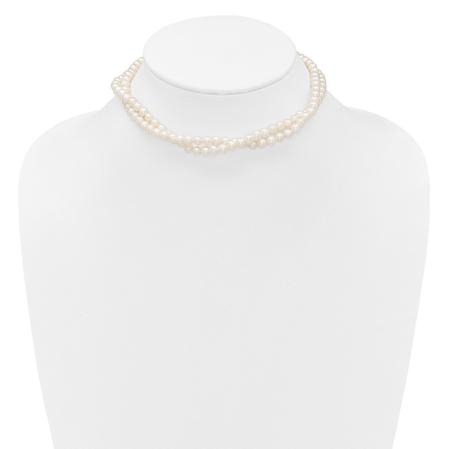 Sterling Silver Rhodium-plated 5-6mm Semi-Round White Freshwater Cultured Pearl 2-Strand 14 inch with 2 inch Extender Choker