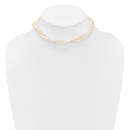 Sterling Silver Rhodium-plated 5-6mm Semi-Round White Freshwater Cultured Pearl 2-Strand 14 inch with 2 inch Extender Choker