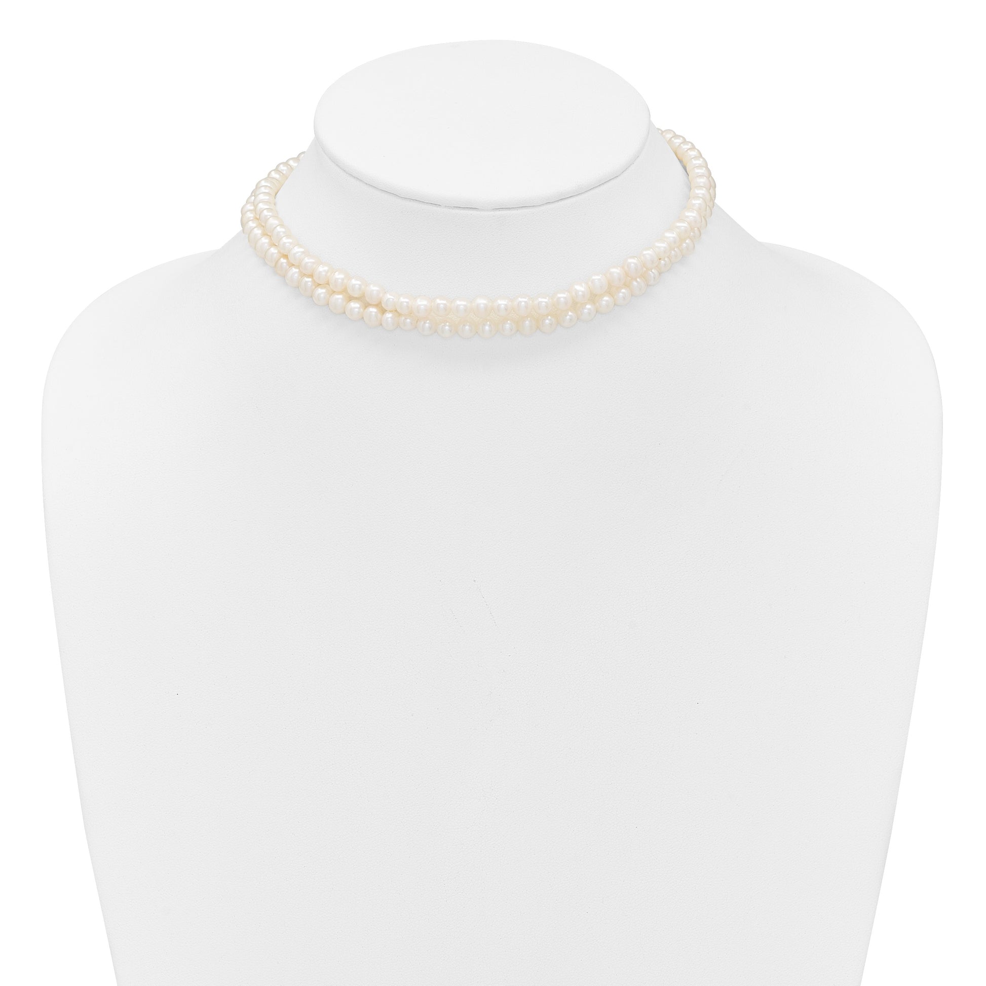 Sterling Silver Rhodium-plated 5-6mm Semi-Round White Freshwater Cultured Pearl 2-Strand 14 inch with 2 inch Extender Choker