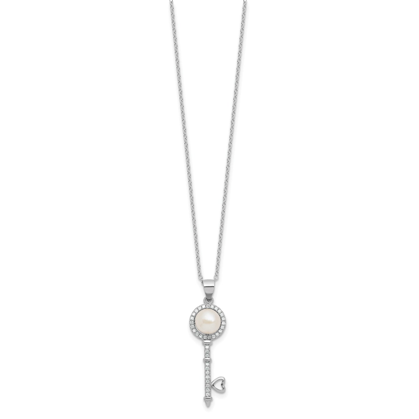 Sterling Silver Rhodium-plated 7-8mm Button White Freshwater Cultured Pearl and CZ Key 17 inch Necklace