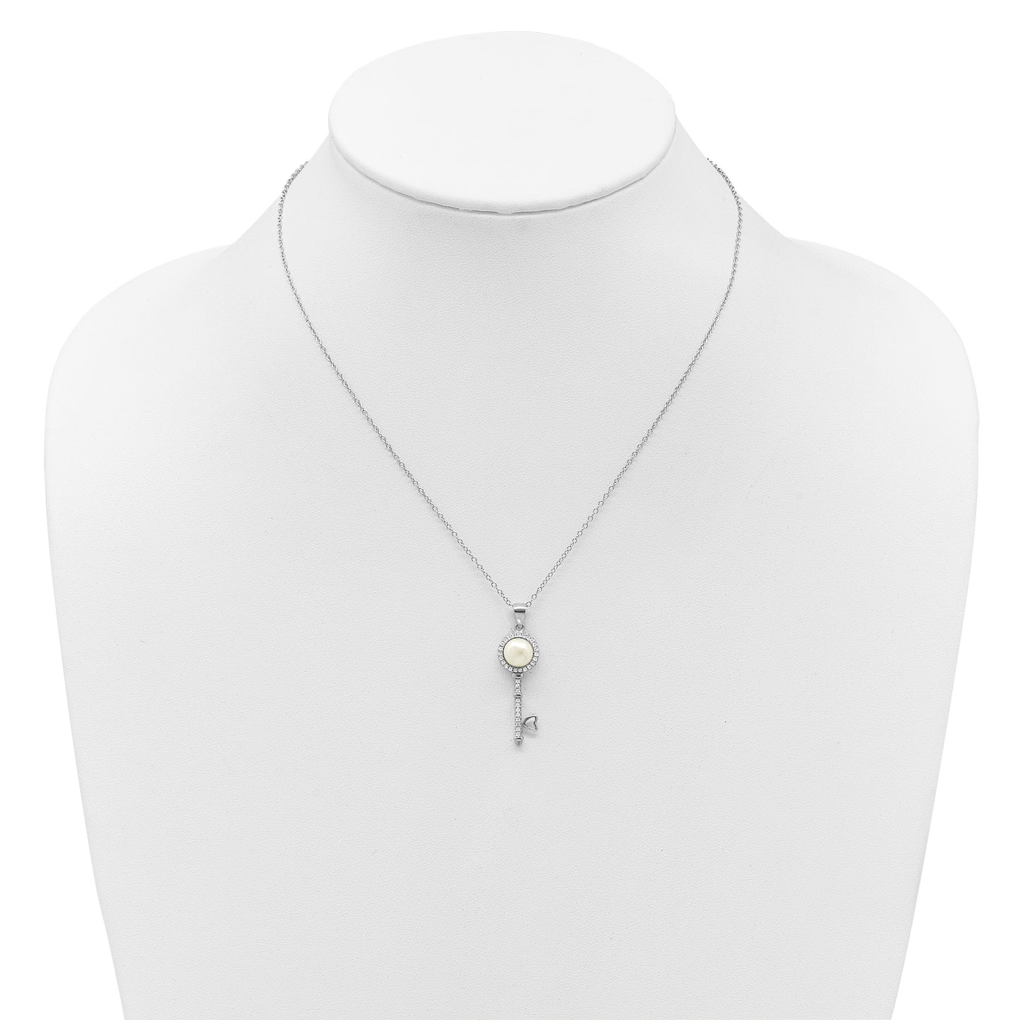 Sterling Silver Rhodium-plated 7-8mm Button White Freshwater Cultured Pearl and CZ Key 17 inch Necklace
