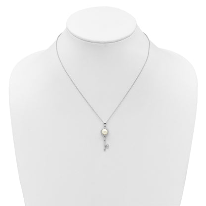 Sterling Silver Rhodium-plated 7-8mm Button White Freshwater Cultured Pearl and CZ Key 17 inch Necklace
