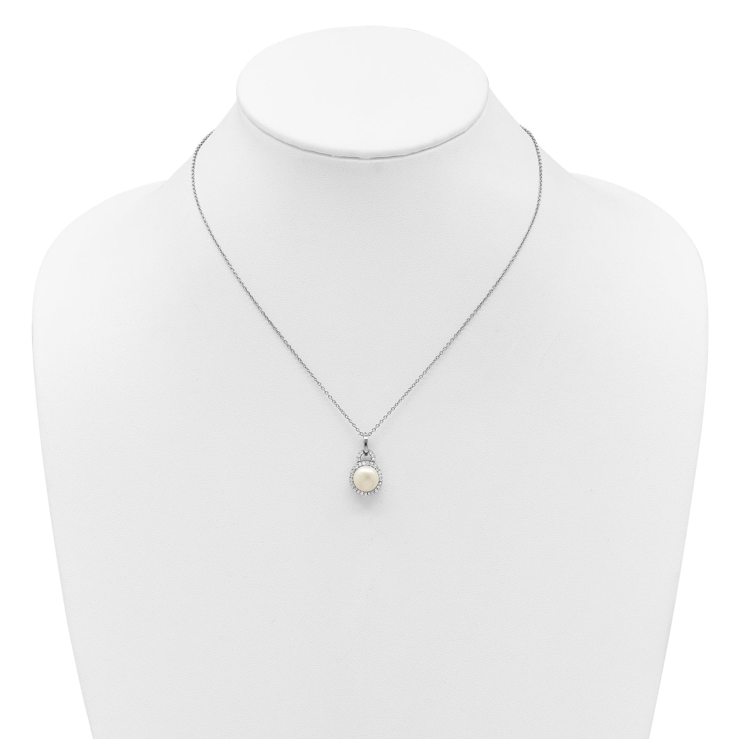 Sterling Silver Rhodium-plated 9-10mm Button White Freshwater Cultured Pearl and CZ Halo 17 inch Necklace