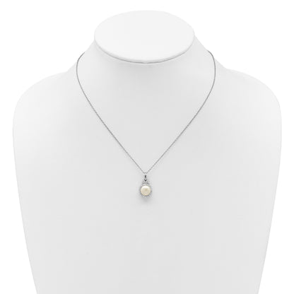 Sterling Silver Rhodium-plated 9-10mm Button White Freshwater Cultured Pearl and CZ Halo 17 inch Necklace