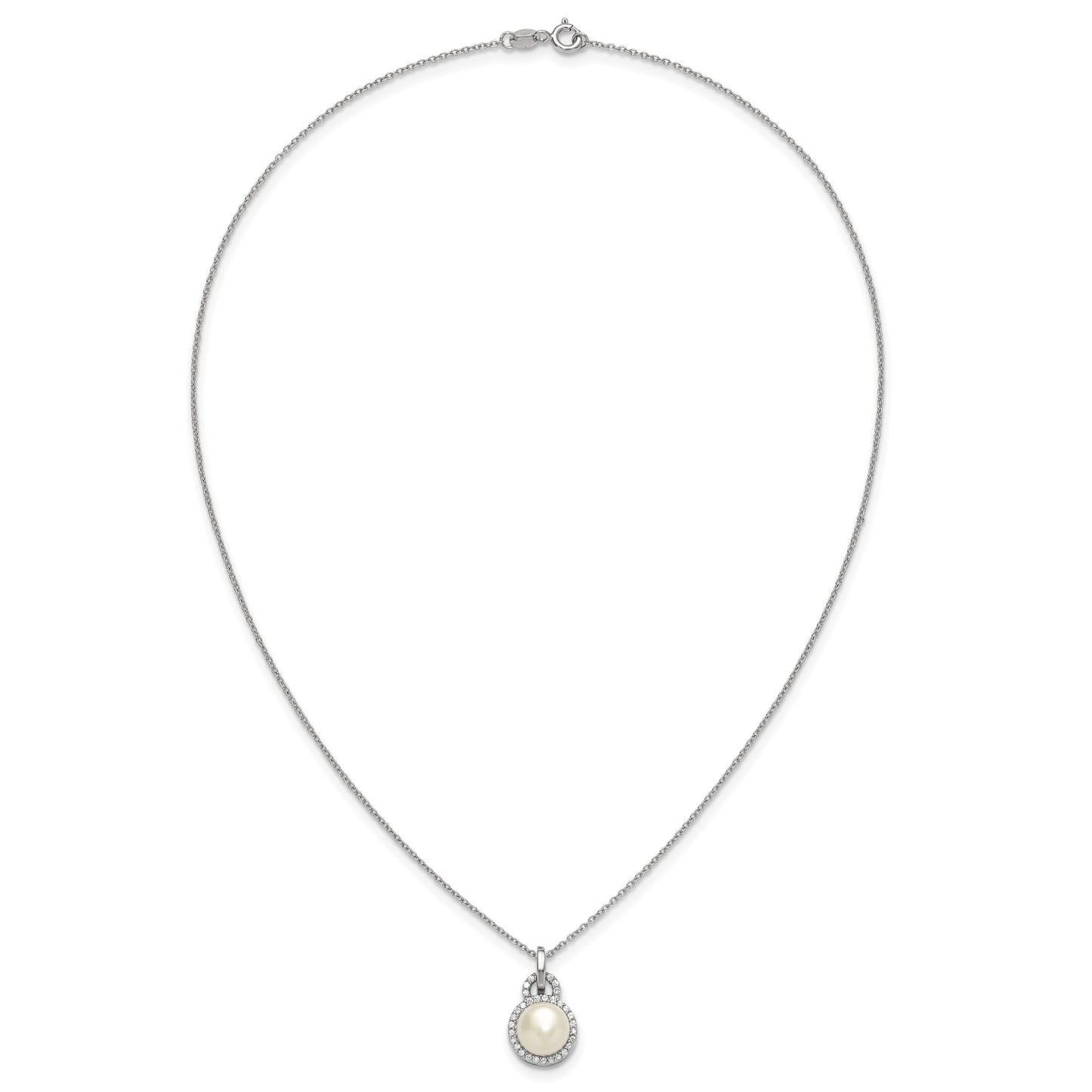 Sterling Silver Rhodium-plated 9-10mm Button White Freshwater Cultured Pearl and CZ Halo 17 inch Necklace