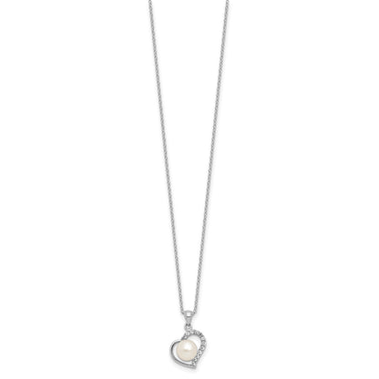 Sterling Silver Rhodium-plated 7-8mm Button White Freshwater Cultured Pearl and CZ Heart 17 inch Necklace