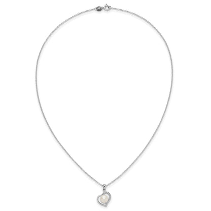 Sterling Silver Rhodium-plated 7-8mm Button White Freshwater Cultured Pearl and CZ Heart 17 inch Necklace