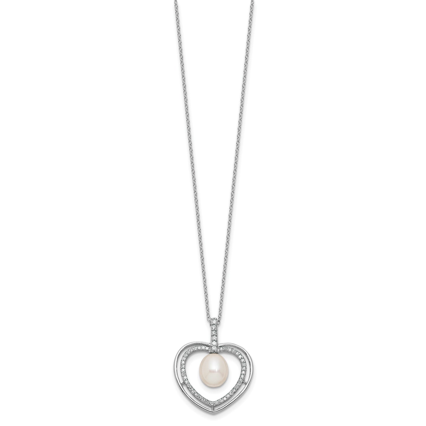 Sterling Silver Rhodium-plated 8-9mm Rice White Freshwater Cultured Pearl and CZ Open Heart 17 inch Necklace