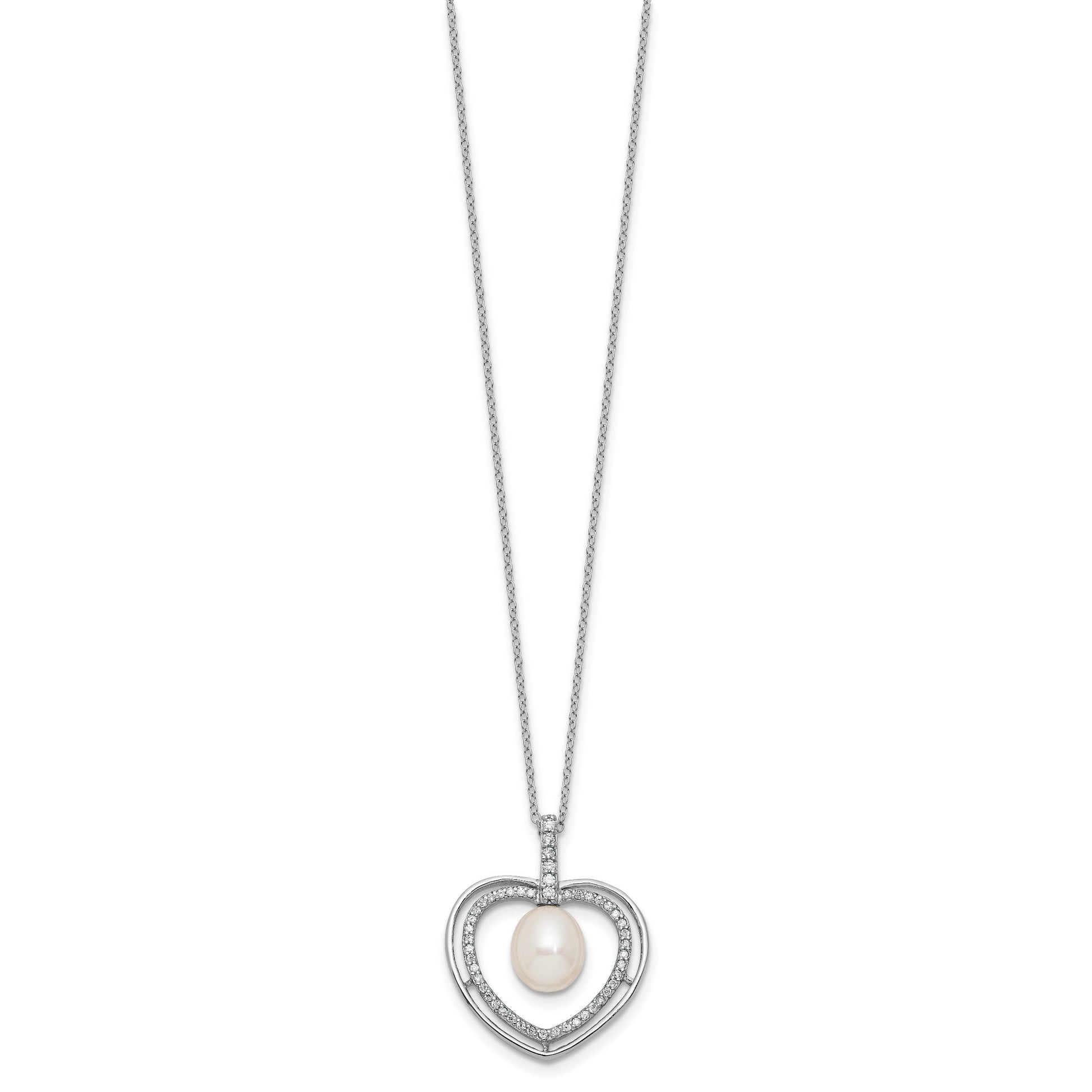 Sterling Silver Rhodium-plated 8-9mm Rice White Freshwater Cultured Pearl and CZ Open Heart 17 inch Necklace