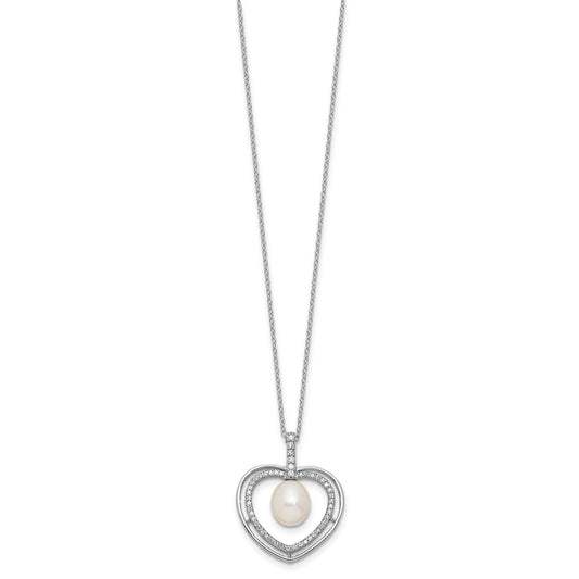 Sterling Silver Rhodium-plated 8-9mm Rice White Freshwater Cultured Pearl and CZ Open Heart 17 inch Necklace