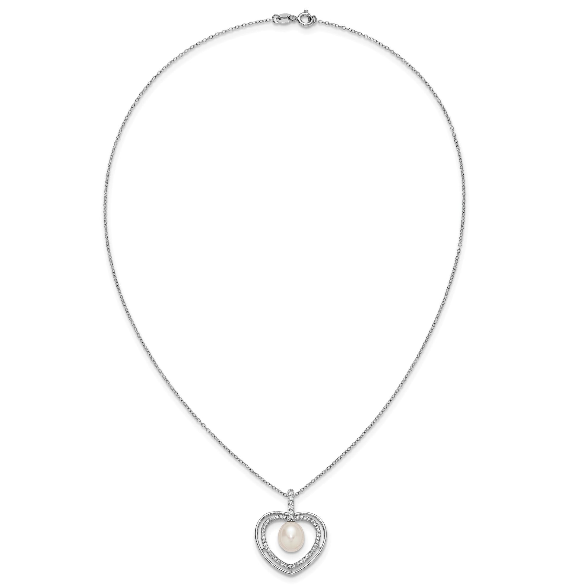 Sterling Silver Rhodium-plated 8-9mm Rice White Freshwater Cultured Pearl and CZ Open Heart 17 inch Necklace