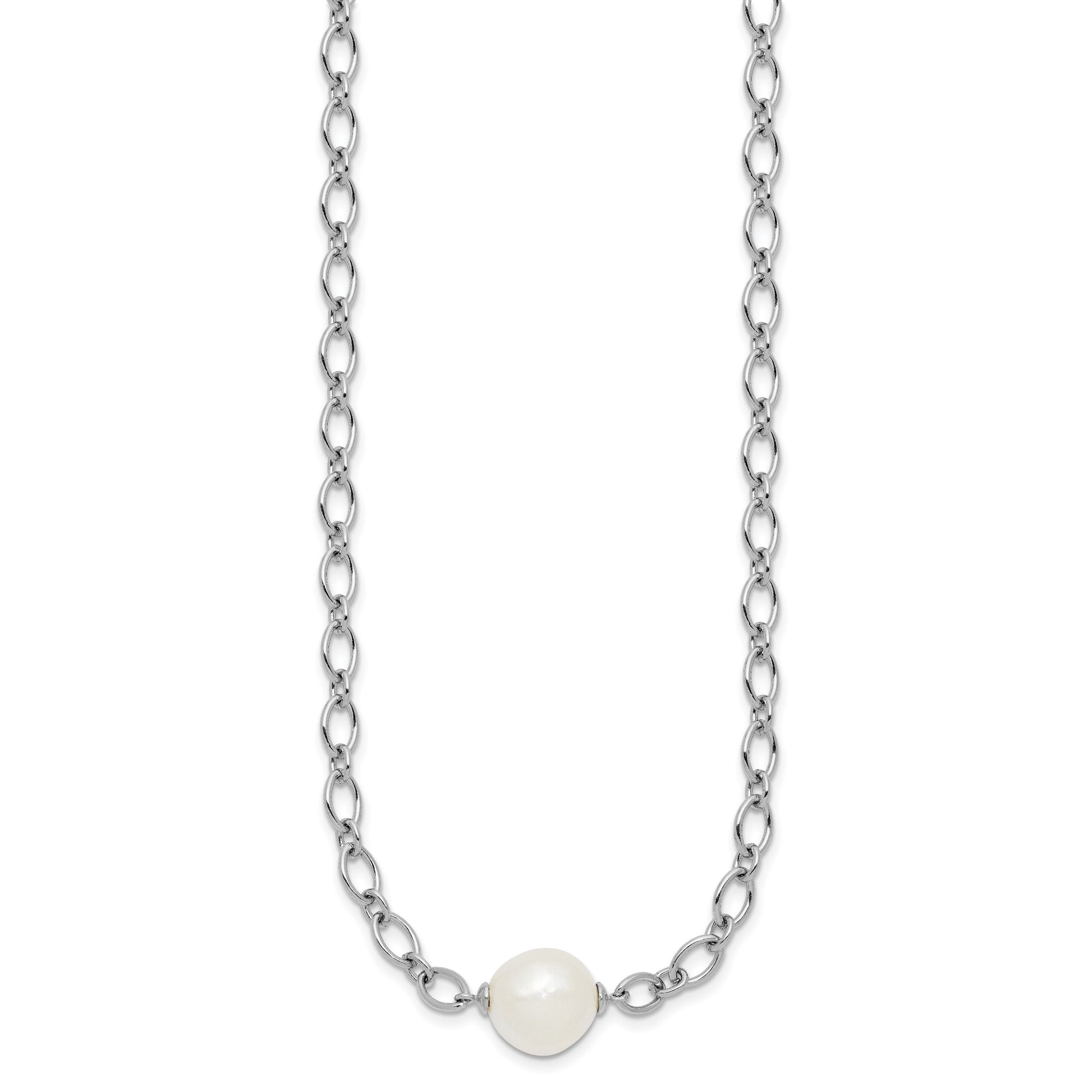 Sterling Silver Rhodium-plated 12-13mm Semi-Round White Freshwater Cultured Pearl Center and Open Link Cable Chain 18 inch Necklace