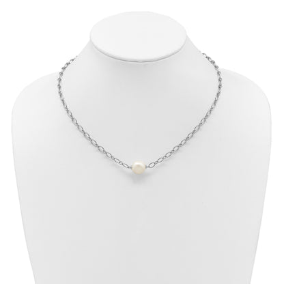 Sterling Silver Rhodium-plated 12-13mm Semi-Round White Freshwater Cultured Pearl Center and Open Link Cable Chain 18 inch Necklace