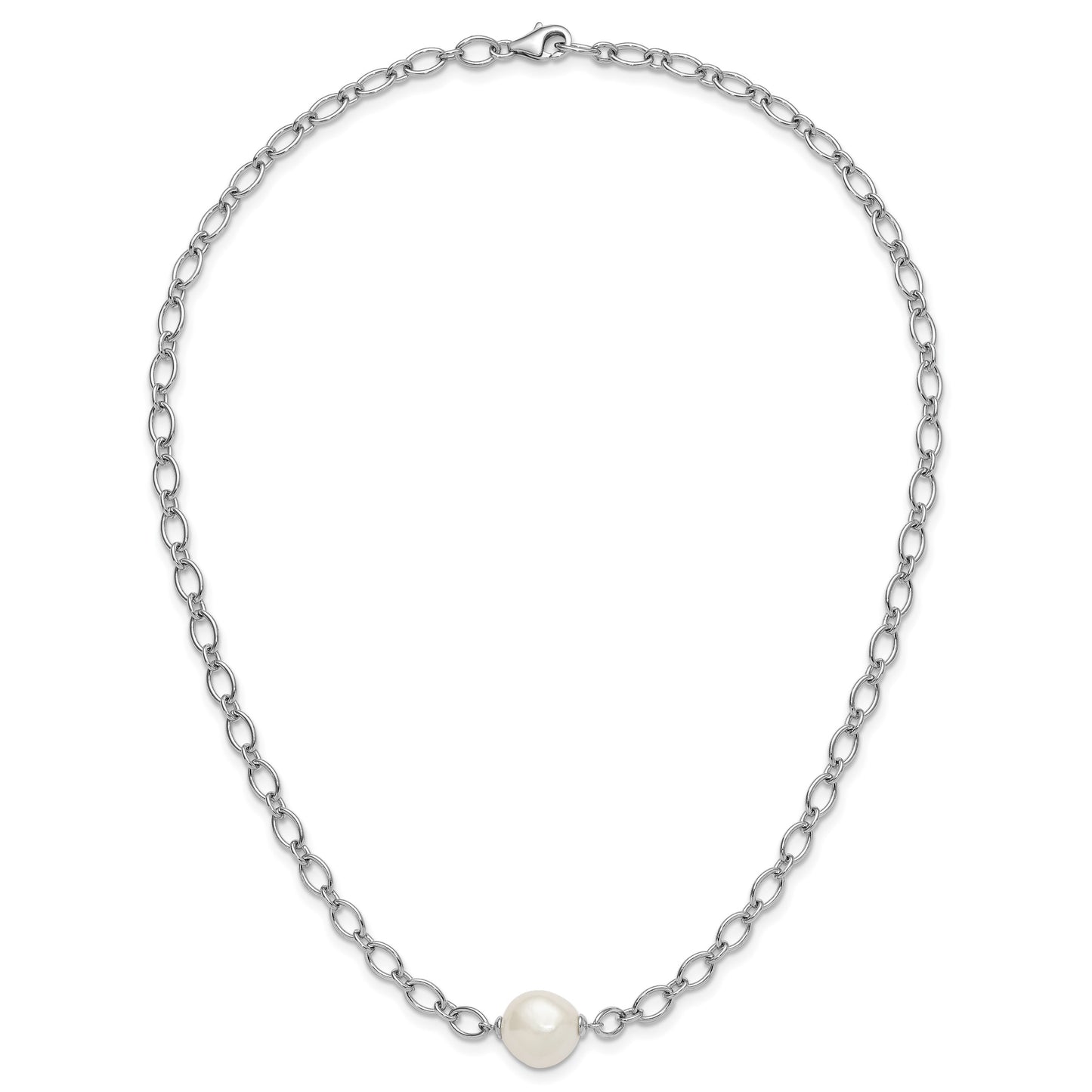 Sterling Silver Rhodium-plated 12-13mm Semi-Round White Freshwater Cultured Pearl Center and Open Link Cable Chain 18 inch Necklace