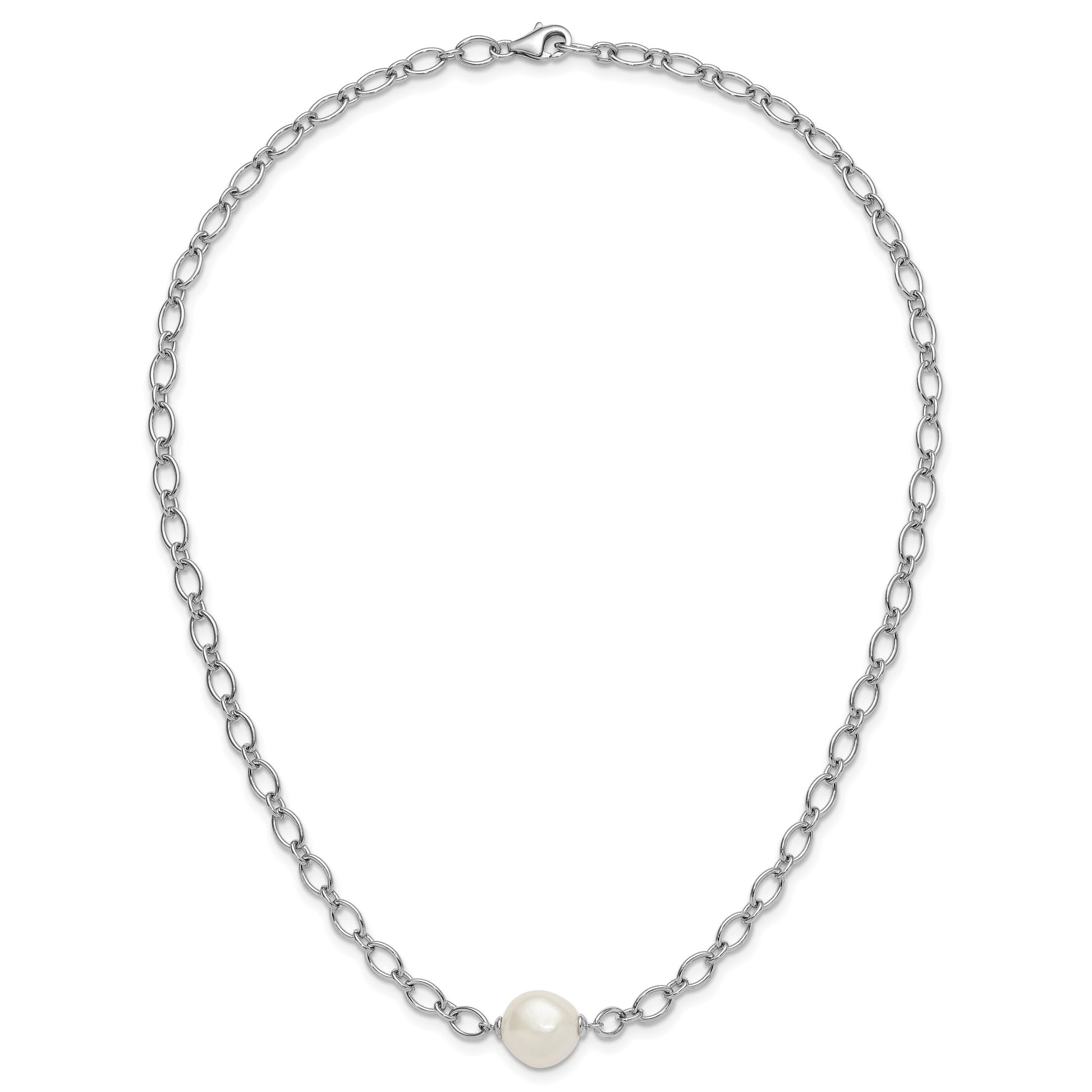 Sterling Silver Rhodium-plated 12-13mm Semi-Round White Freshwater Cultured Pearl Center and Open Link Cable Chain 18 inch Necklace