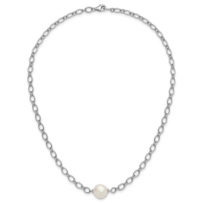 Sterling Silver Rhodium-plated 12-13mm Semi-Round White Freshwater Cultured Pearl Center and Open Link Cable Chain 18 inch Necklace