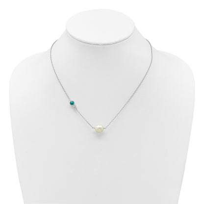Sterling Silver Rhodium-plated CZ, Compressed Turquoise and White Freshwater Cultured Pearl 16 inch with 2 inch Extension Necklace
