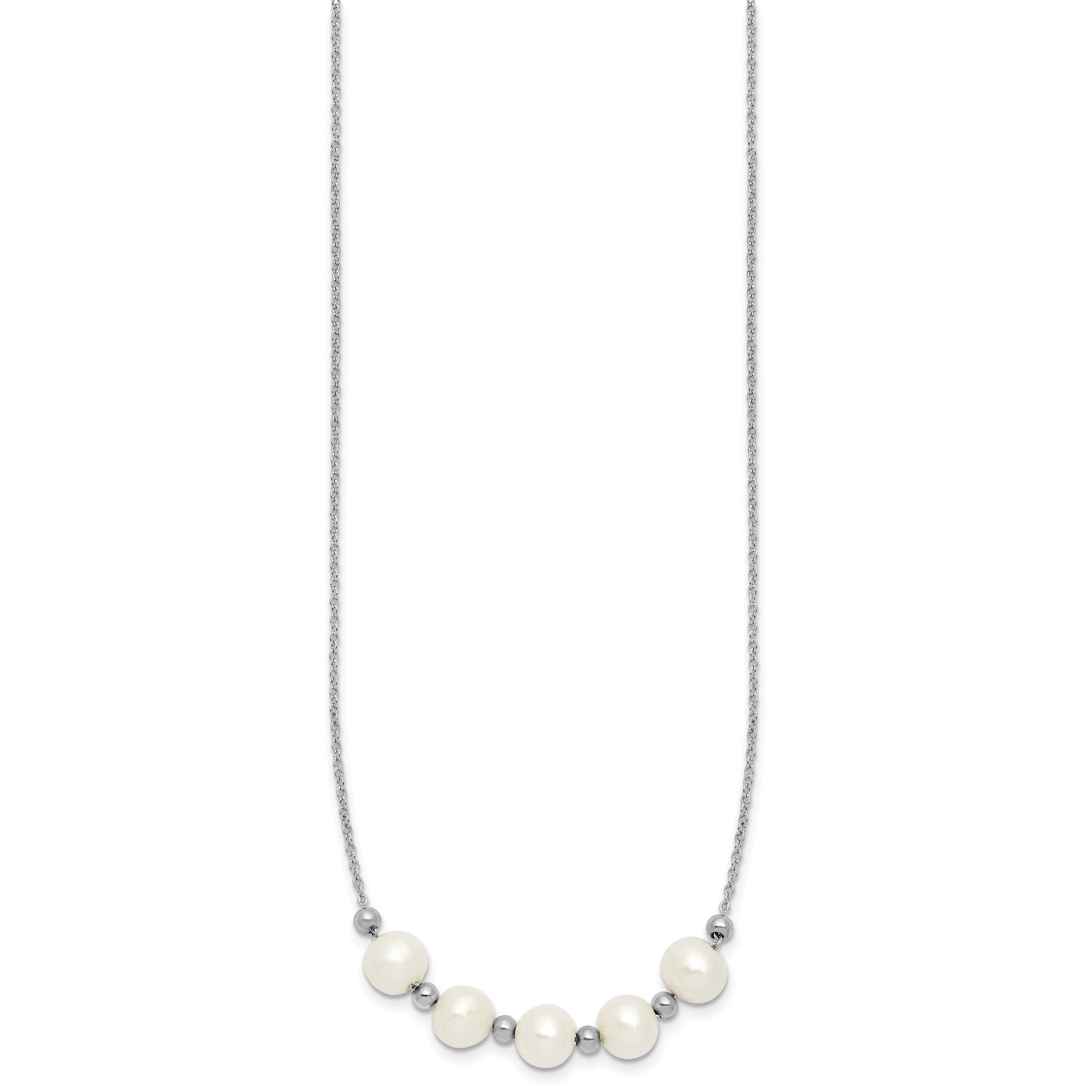 Sterling Silver Rhodium-plated 7-8mm Semi-Round White Freshwater Cultured Pearl and Beads 16 inch with 2 inch Extender Necklace