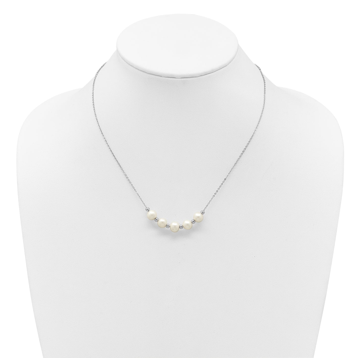 Sterling Silver Rhodium-plated 7-8mm Semi-Round White Freshwater Cultured Pearl and Beads 16 inch with 2 inch Extender Necklace