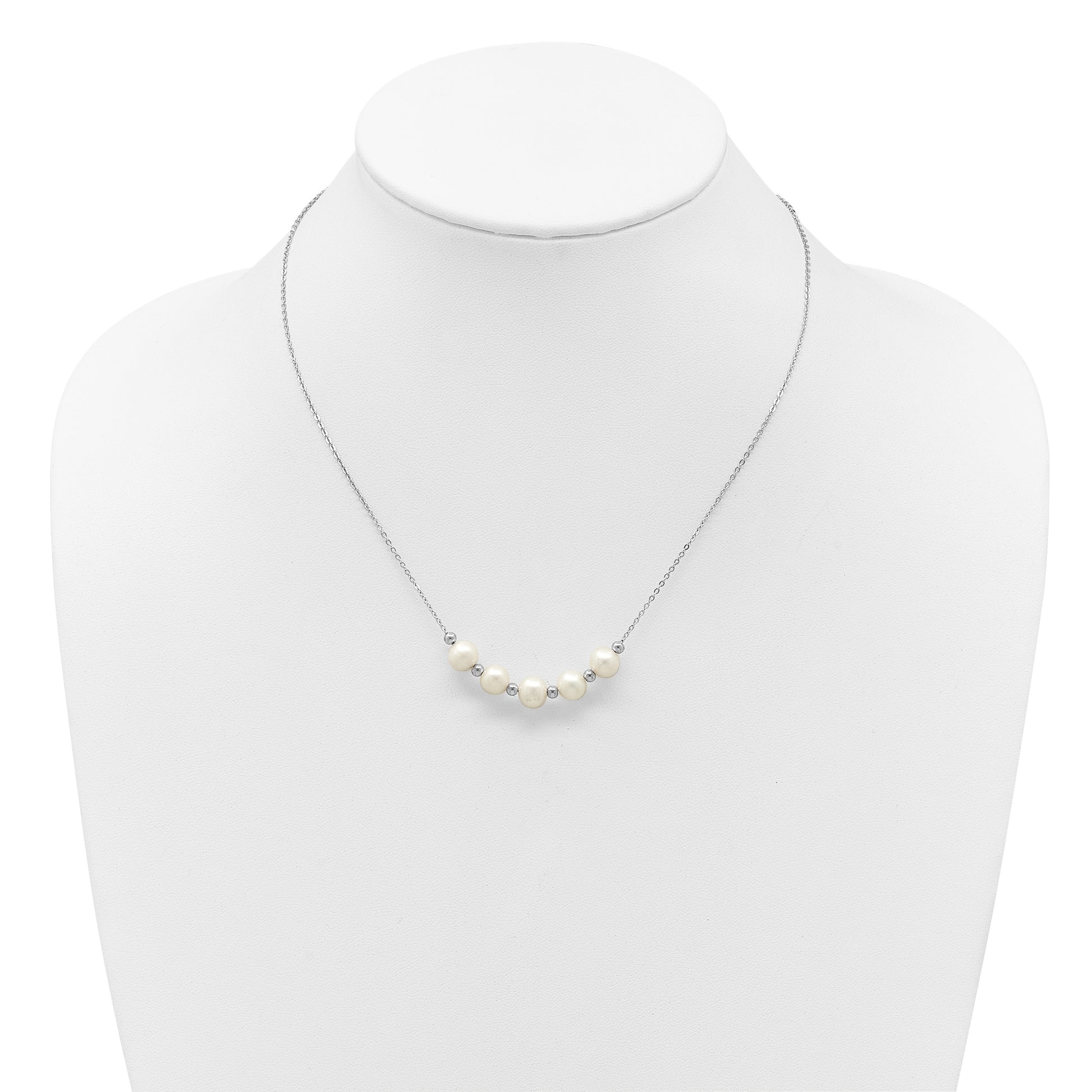 Sterling Silver Rhodium-plated 7-8mm Semi-Round White Freshwater Cultured Pearl and Beads 16 inch with 2 inch Extender Necklace