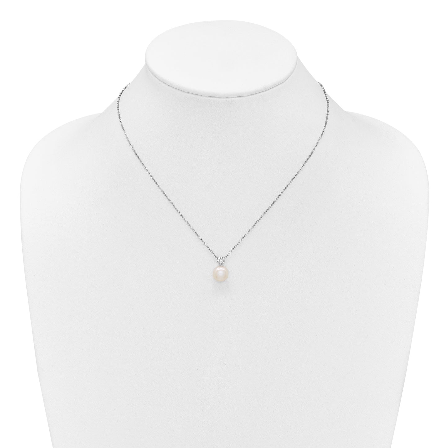 Sterling Silver Rhodium-plated 7-9mm Button White Freshwater Cultured Pearl and CZ 17 inch Necklace and Post Earring Set