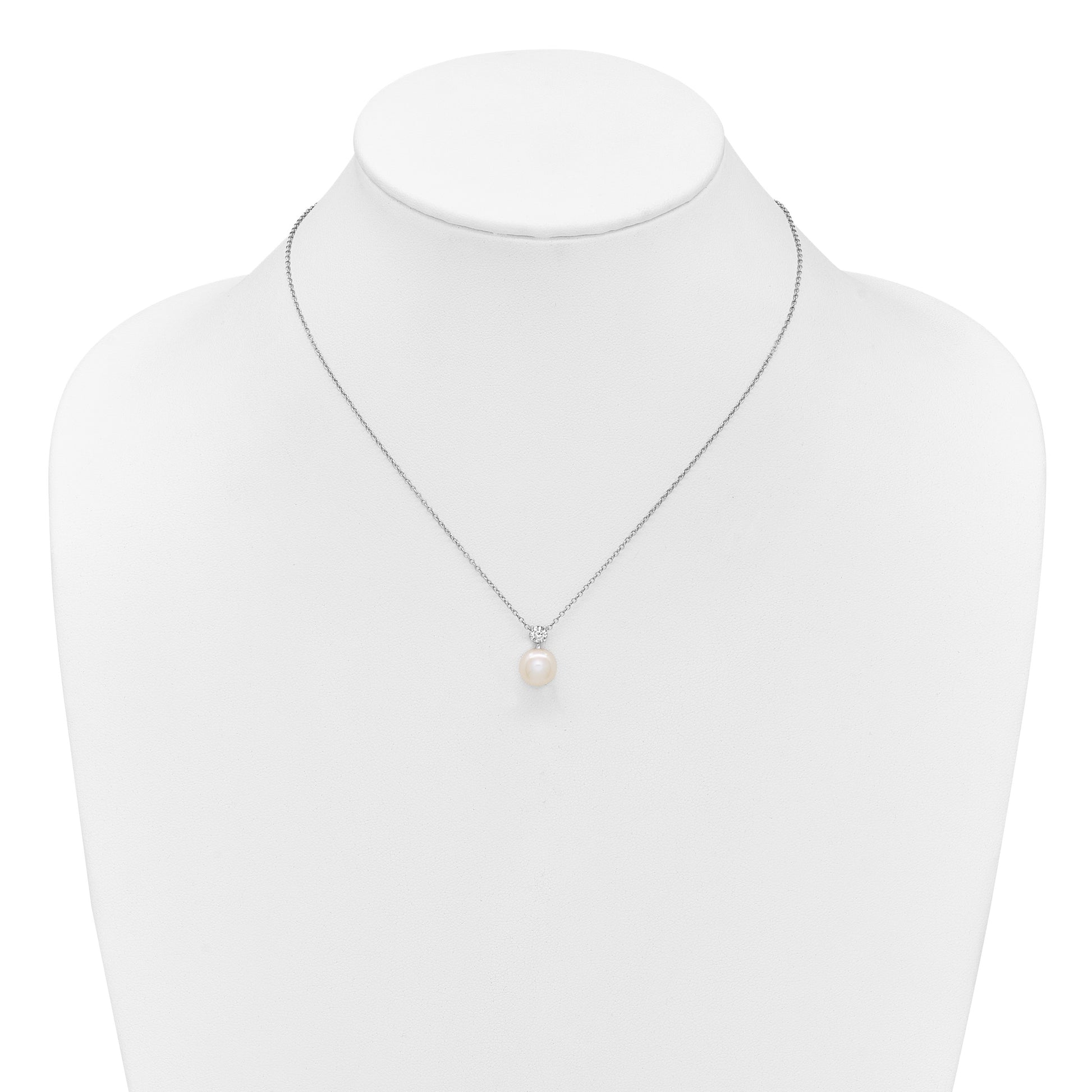 Sterling Silver Rhodium-plated 7-9mm Button White Freshwater Cultured Pearl and CZ 17 inch Necklace and Post Earring Set