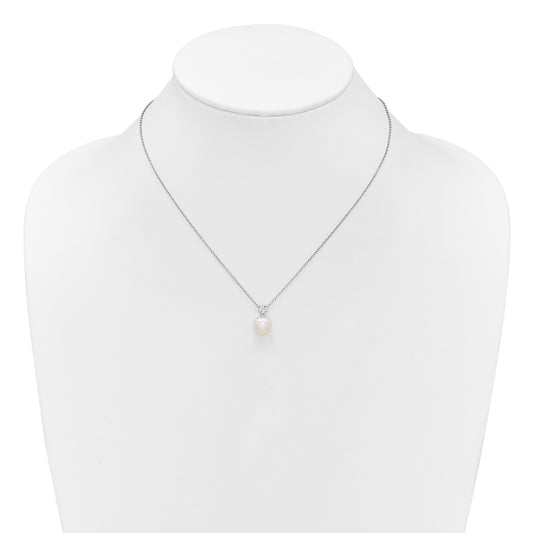 Sterling Silver Rhodium-plated 7-9mm Button White Freshwater Cultured Pearl and CZ 17 inch Necklace and Post Earring Set