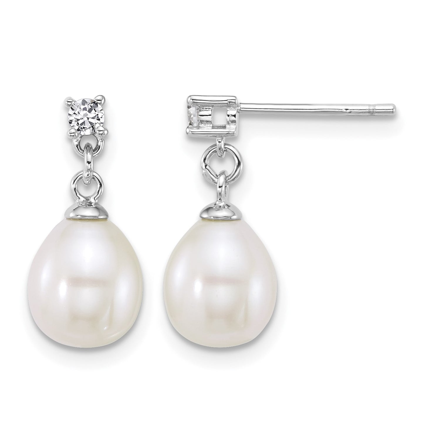 Sterling Silver Rhodium-plated 7-9mm Teardrop White Freshwater Cultured Pearl and CZ 17 inch Necklace and Dangle Post Earring Set