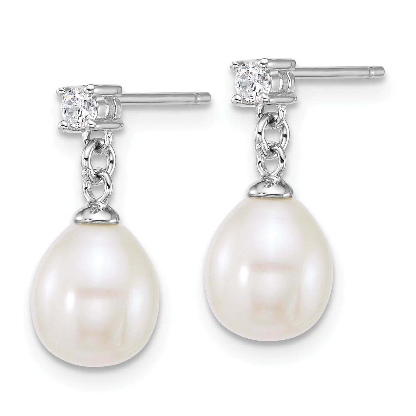 Sterling Silver Rhodium-plated 7-9mm Teardrop White Freshwater Cultured Pearl and CZ 17 inch Necklace and Dangle Post Earring Set