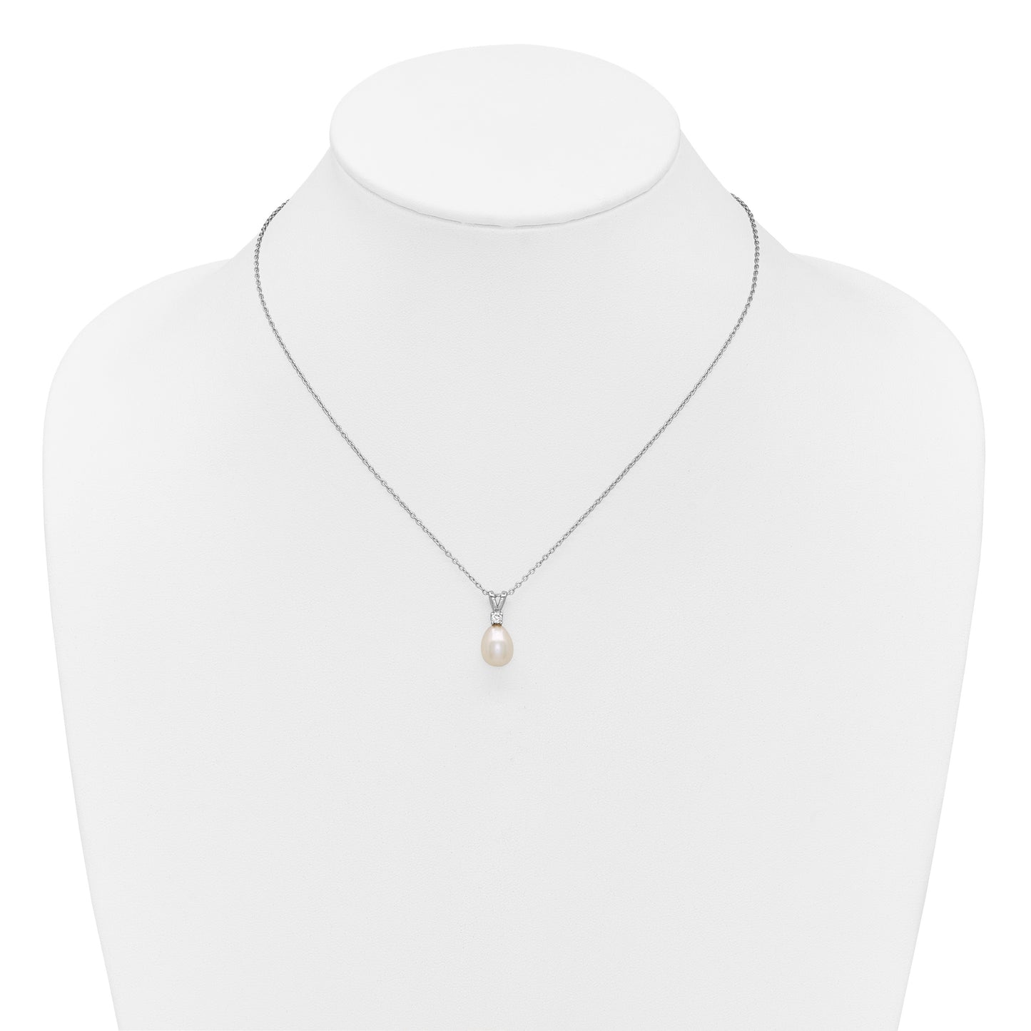 Sterling Silver Rhodium-plated 7-9mm Teardrop White Freshwater Cultured Pearl and CZ 17 inch Necklace and Dangle Post Earring Set