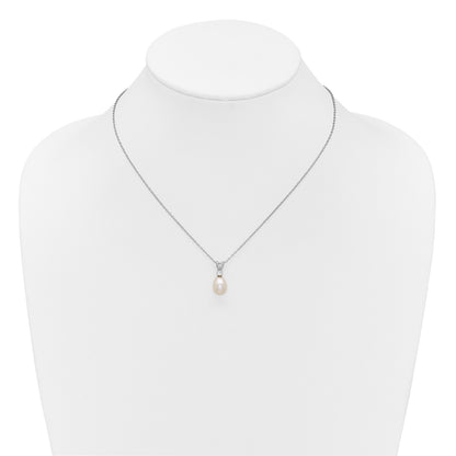 Sterling Silver Rhodium-plated 7-9mm Teardrop White Freshwater Cultured Pearl and CZ 17 inch Necklace and Dangle Post Earring Set