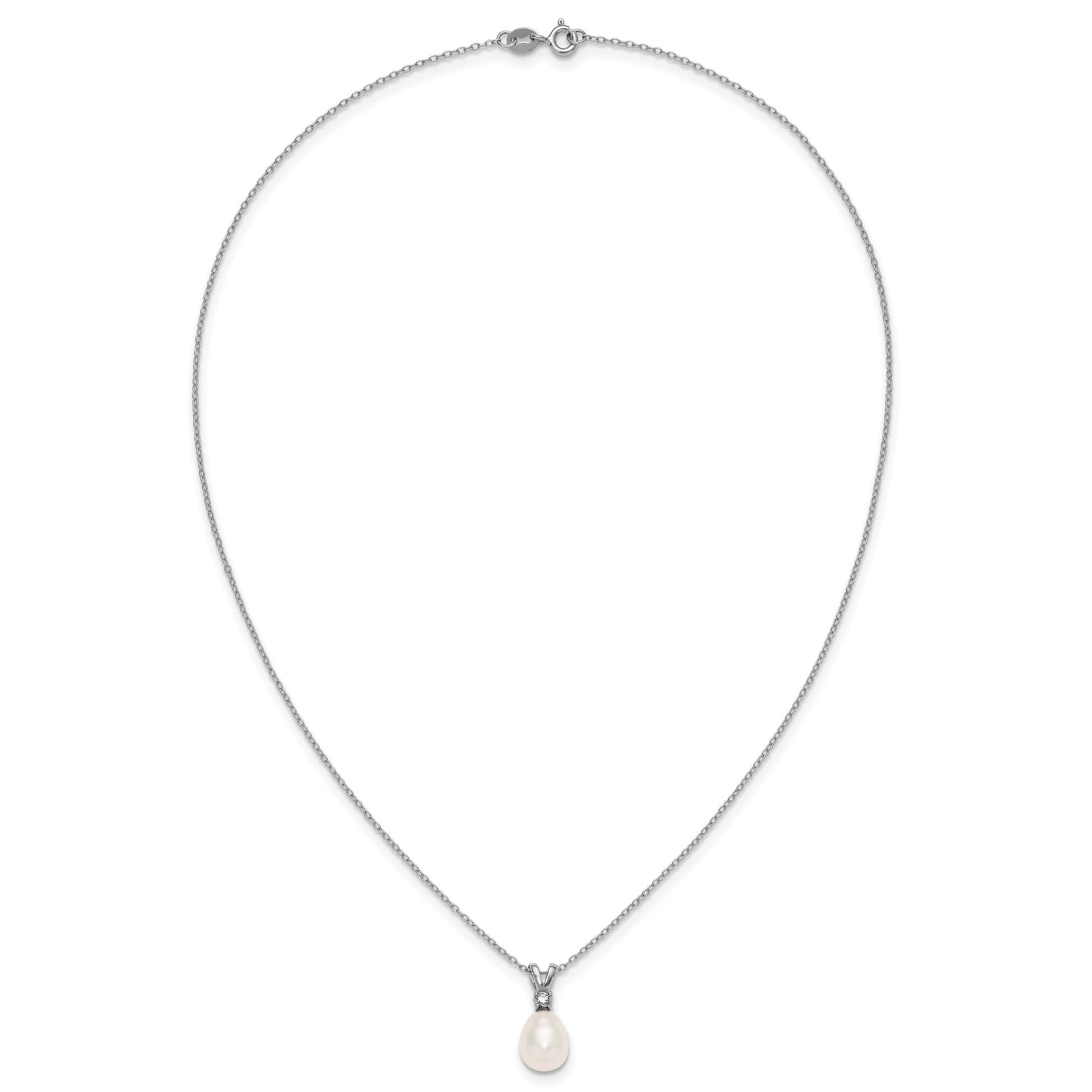 Sterling Silver Rhodium-plated 7-9mm Teardrop White Freshwater Cultured Pearl and CZ 17 inch Necklace and Dangle Post Earring Set