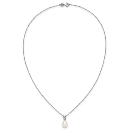 Sterling Silver Rhodium-plated 7-9mm Teardrop White Freshwater Cultured Pearl and CZ 17 inch Necklace and Dangle Post Earring Set