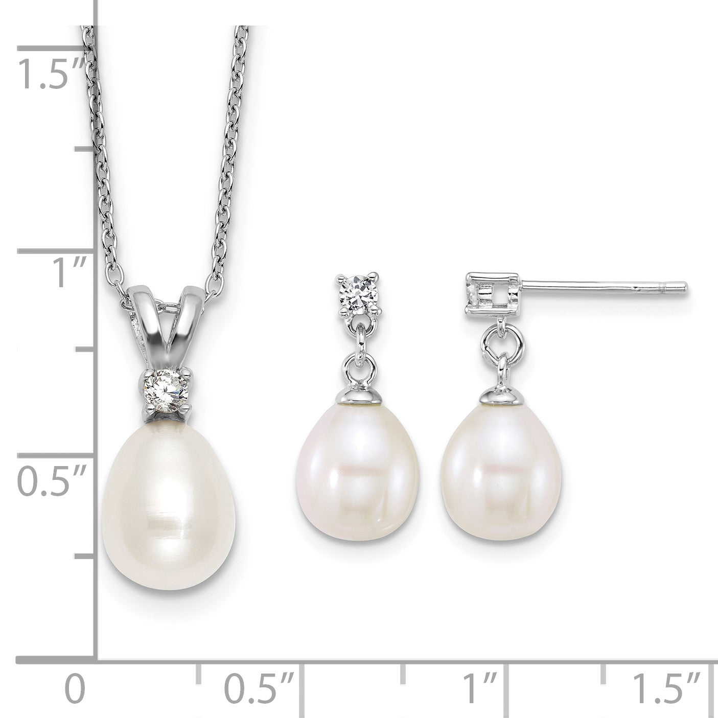 Sterling Silver Rhodium-plated 7-9mm Teardrop White Freshwater Cultured Pearl and CZ 17 inch Necklace and Dangle Post Earring Set
