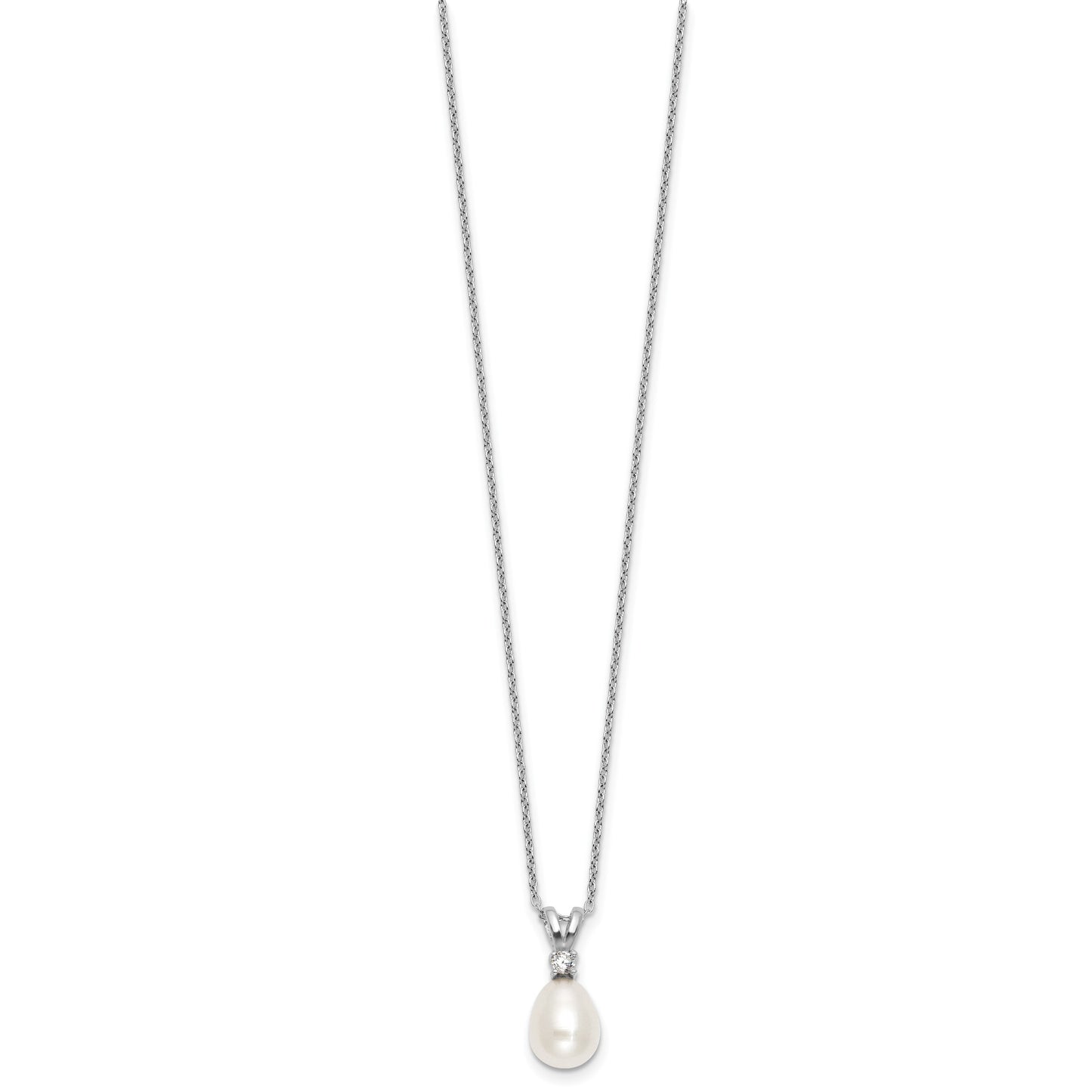 Sterling Silver Rhodium-plated 7-9mm Teardrop White Freshwater Cultured Pearl and CZ 17 inch Necklace and Dangle Post Earring Set
