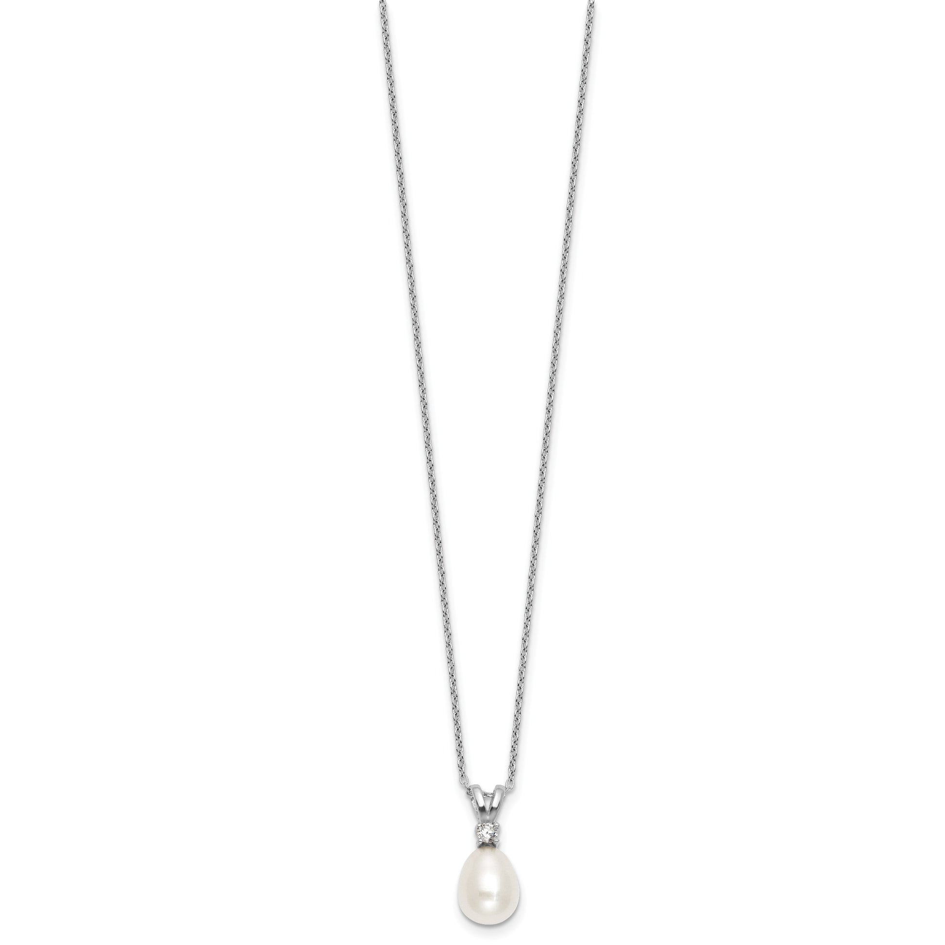 Sterling Silver Rhodium-plated 7-9mm Teardrop White Freshwater Cultured Pearl and CZ 17 inch Necklace and Dangle Post Earring Set