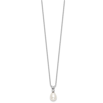Sterling Silver Rhodium-plated 7-9mm Teardrop White Freshwater Cultured Pearl and CZ 17 inch Necklace and Dangle Post Earring Set