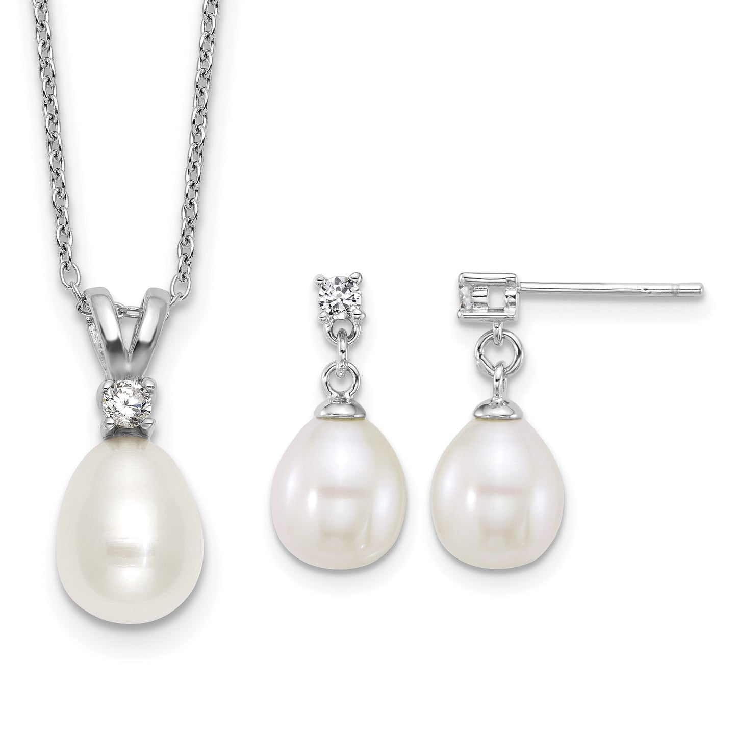 Sterling Silver Rhodium-plated 7-9mm Teardrop White Freshwater Cultured Pearl and CZ 17 inch Necklace and Dangle Post Earring Set