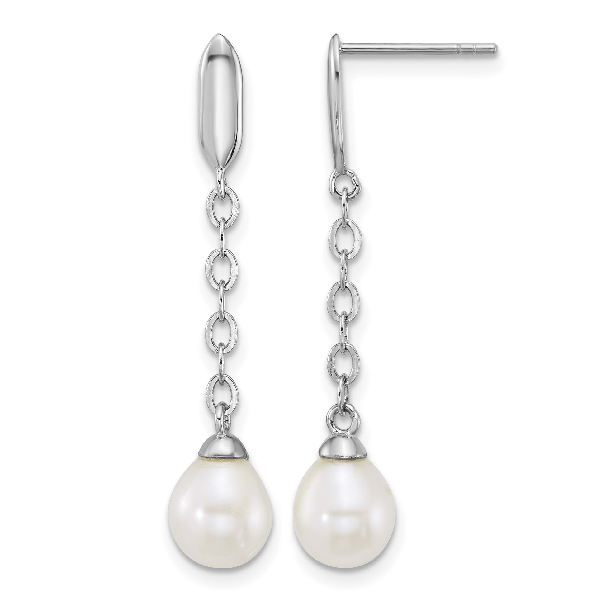 Sterling Silver Rhodium-plated 6-9mm Teardrop White Freshwater Cultured Pearl 16 inch Y-Necklace and Chain Dangle Post Earring Set