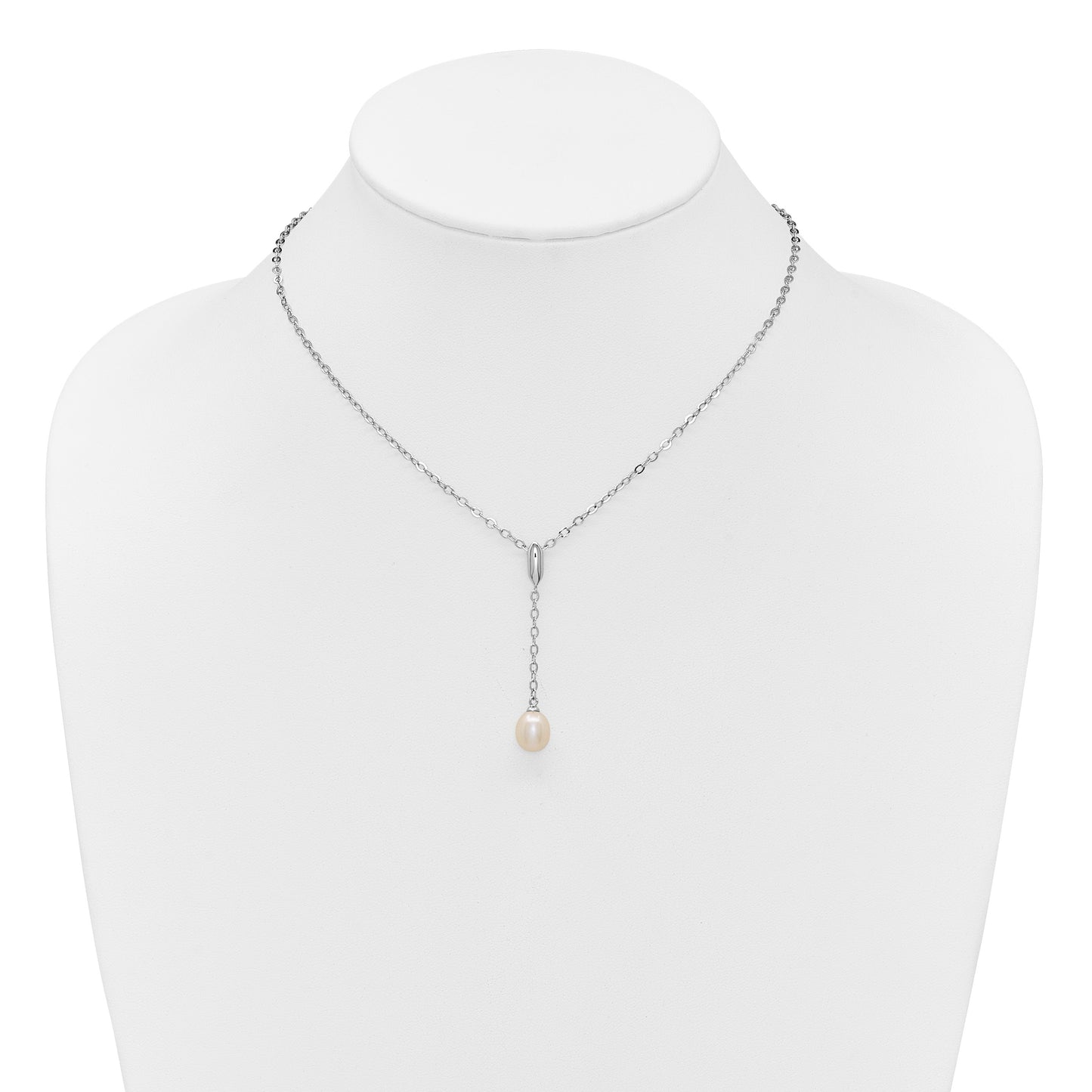 Sterling Silver Rhodium-plated 6-9mm Teardrop White Freshwater Cultured Pearl 16 inch Y-Necklace and Chain Dangle Post Earring Set
