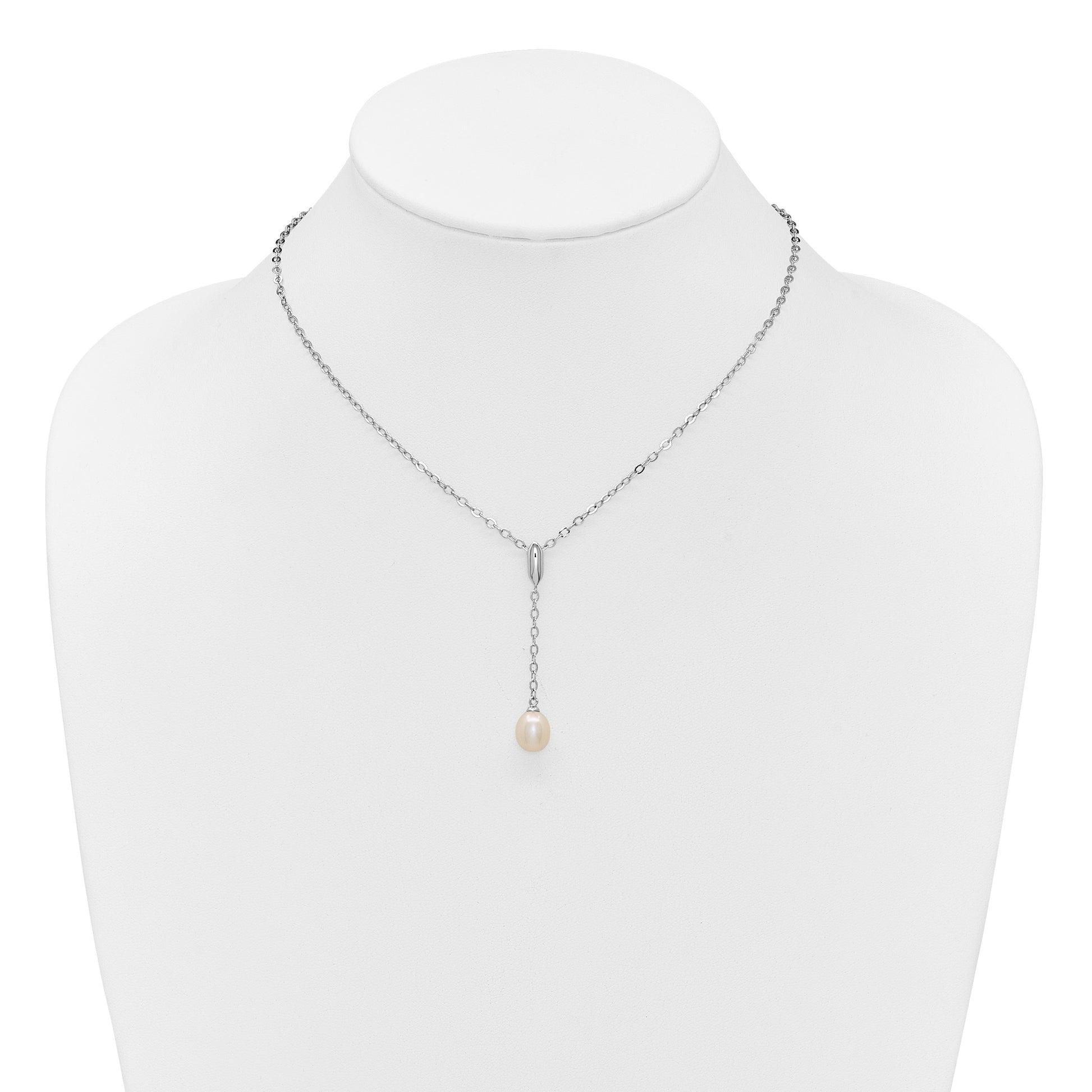Sterling Silver Rhodium-plated 6-9mm Teardrop White Freshwater Cultured Pearl 16 inch Y-Necklace and Chain Dangle Post Earring Set