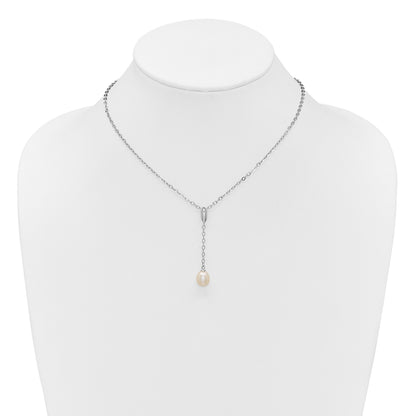 Sterling Silver Rhodium-plated 6-9mm Teardrop White Freshwater Cultured Pearl 16 inch Y-Necklace and Chain Dangle Post Earring Set