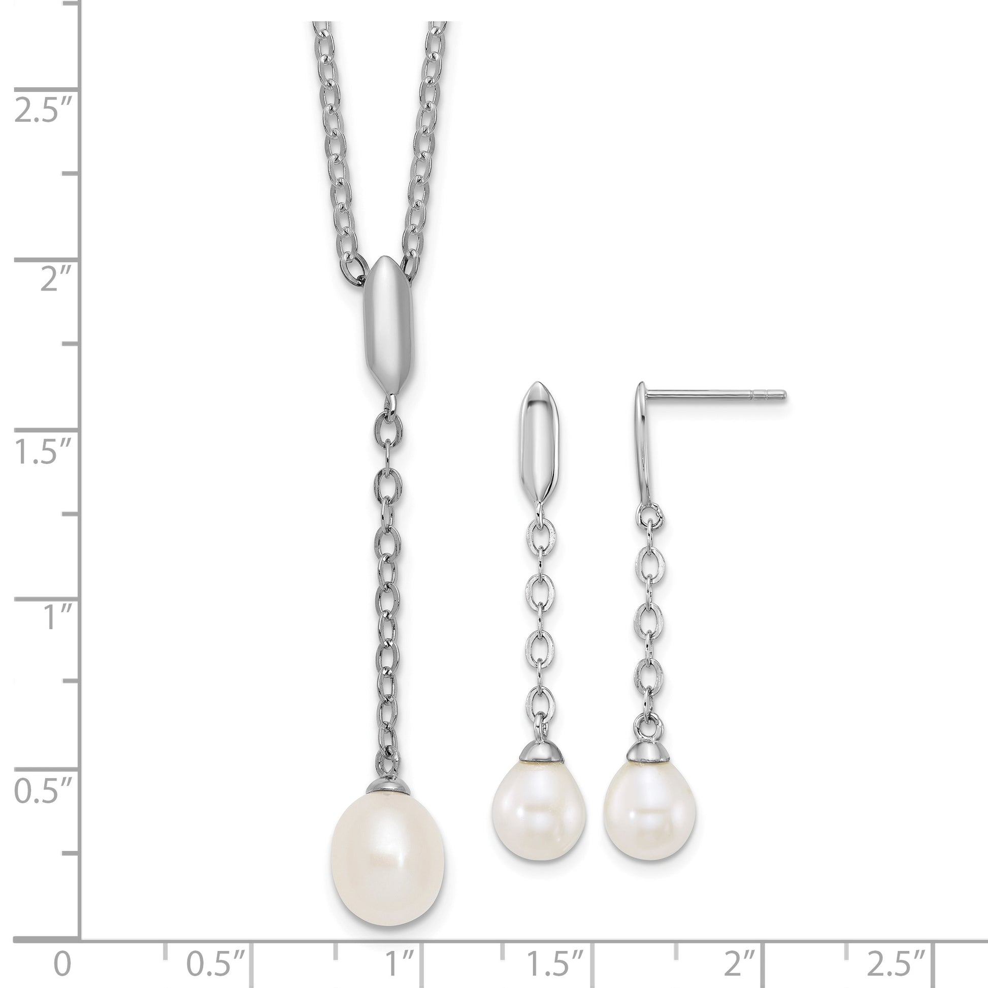 Sterling Silver Rhodium-plated 6-9mm Teardrop White Freshwater Cultured Pearl 16 inch Y-Necklace and Chain Dangle Post Earring Set