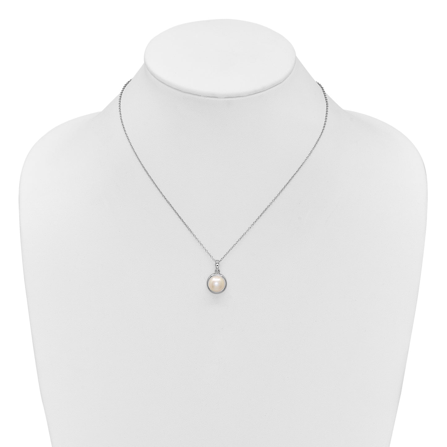 Sterling Silver Rhodium-plated 8-10mm Button White Freshwater Cultured Pearl 17 inch Necklace and Omega Back Earring Set