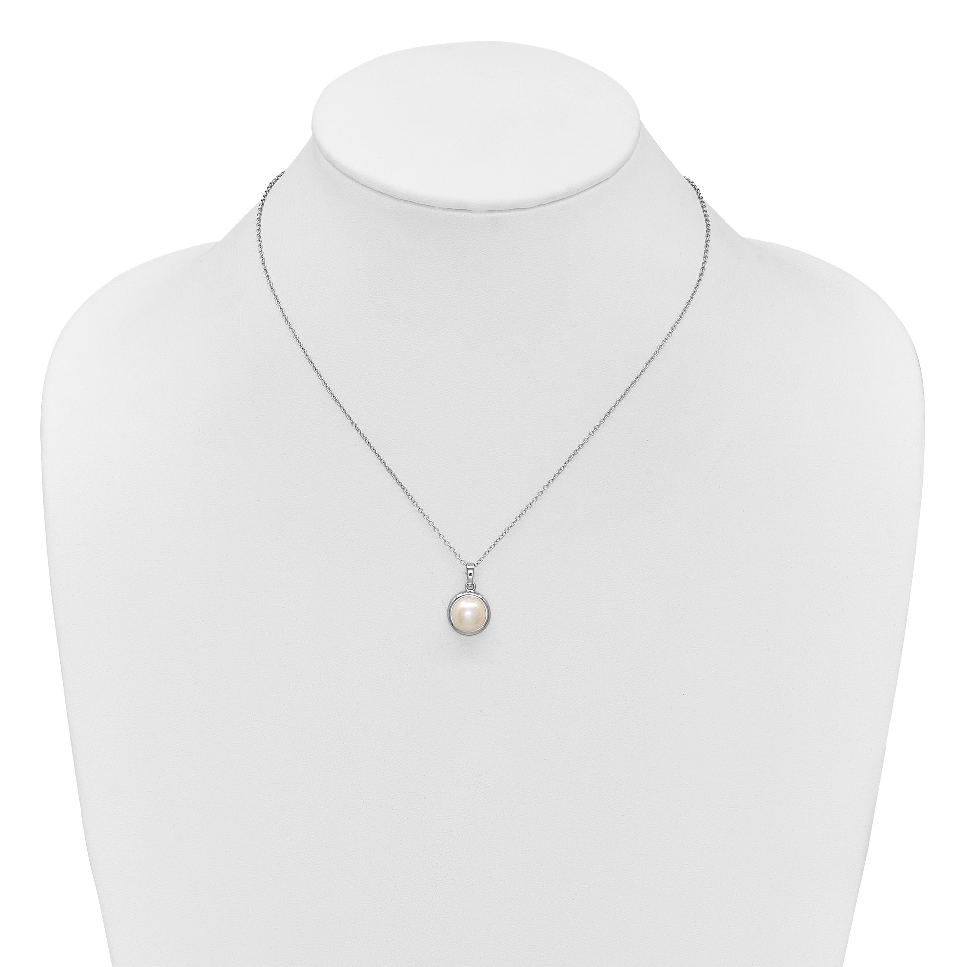 Sterling Silver Rhodium-plated 8-10mm Button White Freshwater Cultured Pearl 17 inch Necklace and Omega Back Earring Set