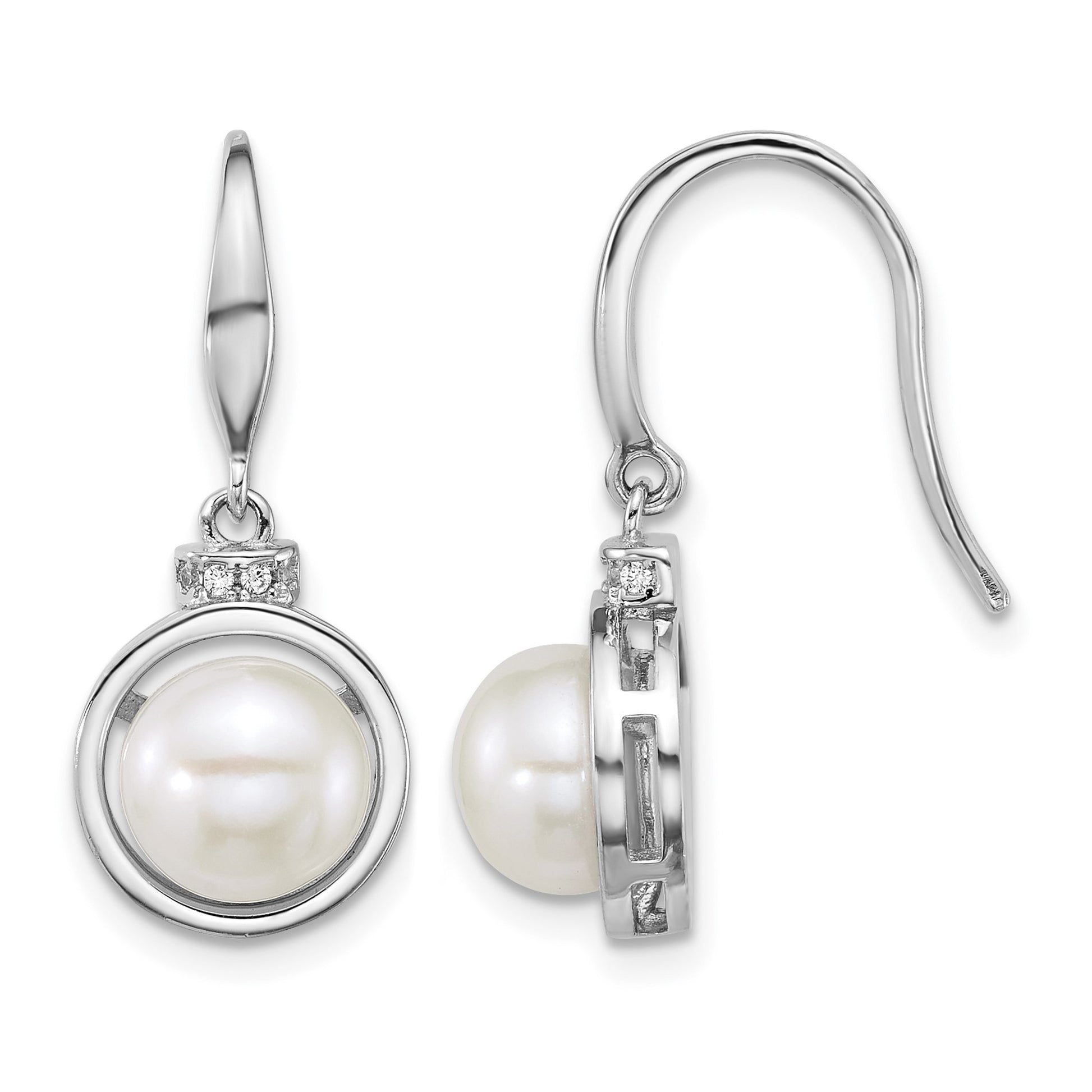 Sterling Silver Rhodium-plated 8-10mm Button White Freshwater Cultured Pearl and CZ 17 inch Necklace and Dangle Shepherd Hook Earring Set