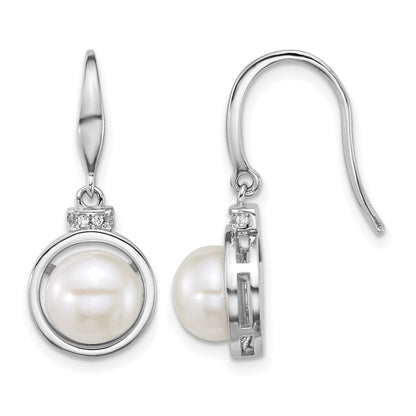 Sterling Silver Rhodium-plated 8-10mm Button White Freshwater Cultured Pearl and CZ 17 inch Necklace and Dangle Shepherd Hook Earring Set